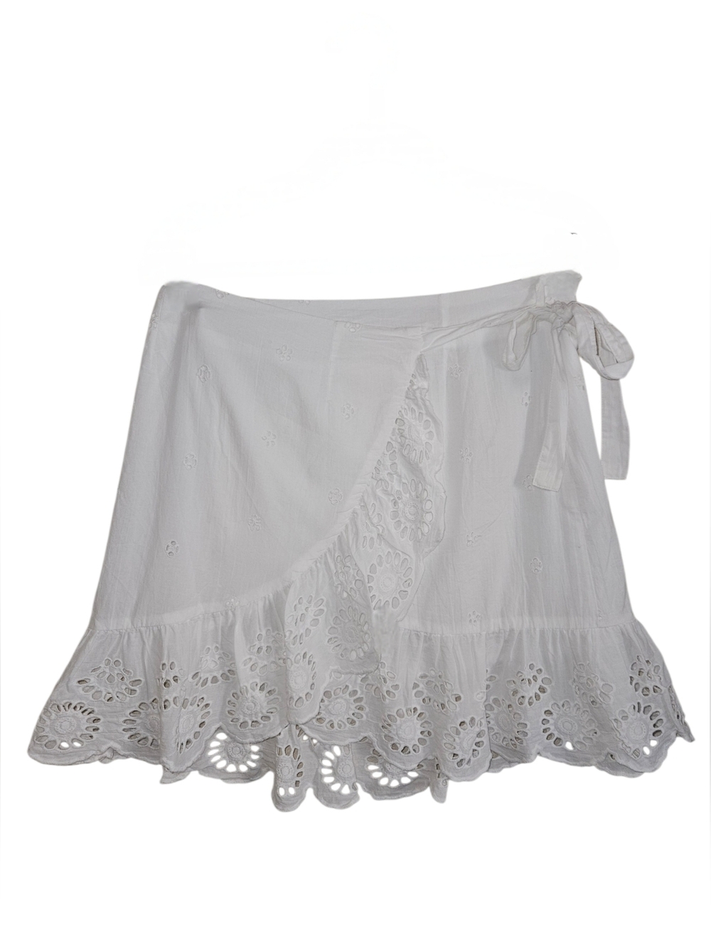 Japna White Boho  Eyelet Wrap Mini Skirt with Ruffle Hem Size M
